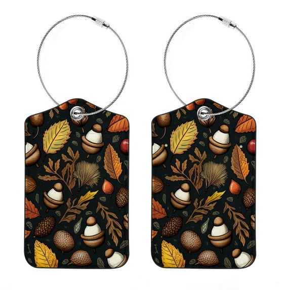 Square PU Leather Luggage Tags, 2 Pack, with Privacy Cover and Stainless Steel Ring - Suitable for Travel, Backpack, Handbag - Bag Tags, Handbag Tags Acorns
