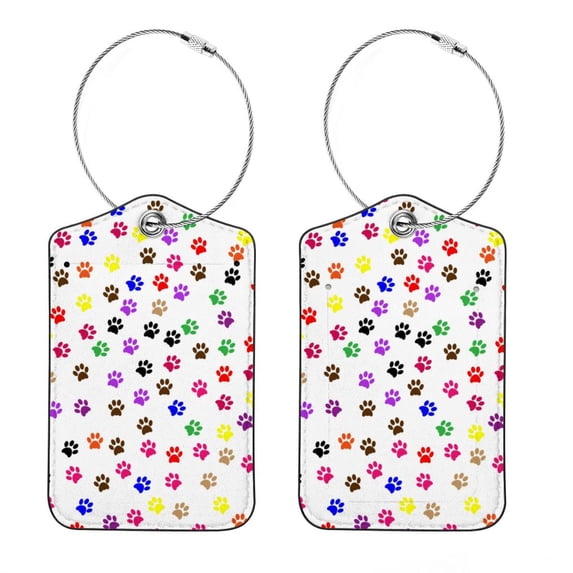 Square PU Leather Luggage Tags, 2 Pack, with Privacy Cover and Stainless Steel Ring - Suitable for Travel, Backpack, Handbag - Bag Tags, Handbag Tags Dog Footprints