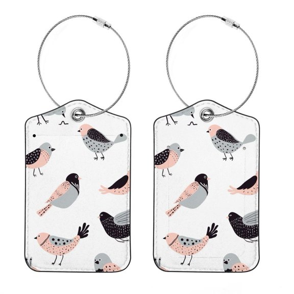 Square PU Leather Luggage Tags, 2 Pack, with Privacy Cover and Stainless Steel Ring - Suitable for Travel, Backpack, Handbag - Bag Tags, Handbag Tags Doodle Bird
