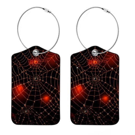 Square PU Leather Luggage Tags, 2 Pack, with Privacy Cover and Stainless Steel Ring - Suitable for Travel, Backpack, Handbag - Bag Tags, Handbag Tags Halloween Spider Web