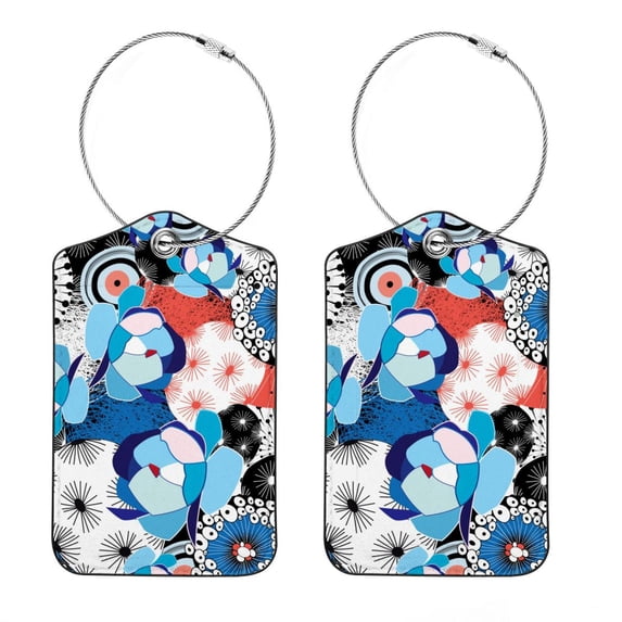Square PU Leather Luggage Tags, 2 Pack, with Privacy Cover and Stainless Steel Ring - Suitable for Travel, Backpack, Handbag - Bag Tags, Handbag Tags Flower