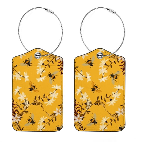 Square PU Leather Luggage Tags, 2 Pack, with Privacy Cover and Stainless Steel Ring - Suitable for Travel, Backpack, Handbag - Bag Tags, Handbag Tags Honey Bee Animals
