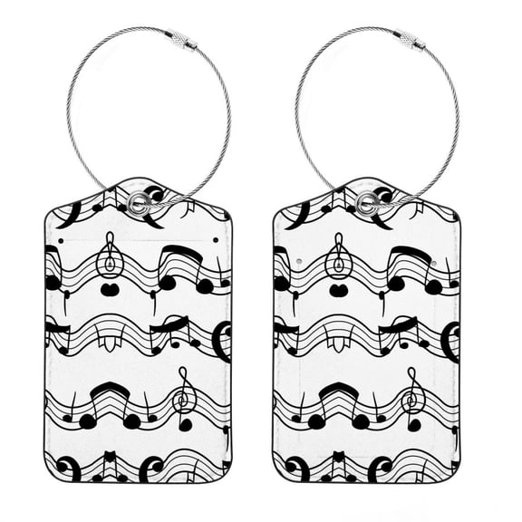 Square PU Leather Luggage Tags, 2 Pack, with Privacy Cover and Stainless Steel Ring - Suitable for Travel, Backpack, Handbag - Bag Tags, Handbag Tags Musical Notes