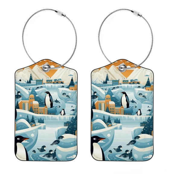 Square PU Leather Luggage Tags, 2 Pack, with Privacy Cover and Stainless Steel Ring - Suitable for Travel, Backpack, Handbag - Bag Tags, Handbag Tags Penguin