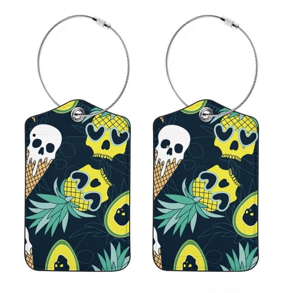 Square PU Leather Luggage Tags, 2 Pack, with Privacy Cover and Stainless Steel Ring - Suitable for Travel, Backpack, Handbag - Bag Tags, Handbag Tags Skull