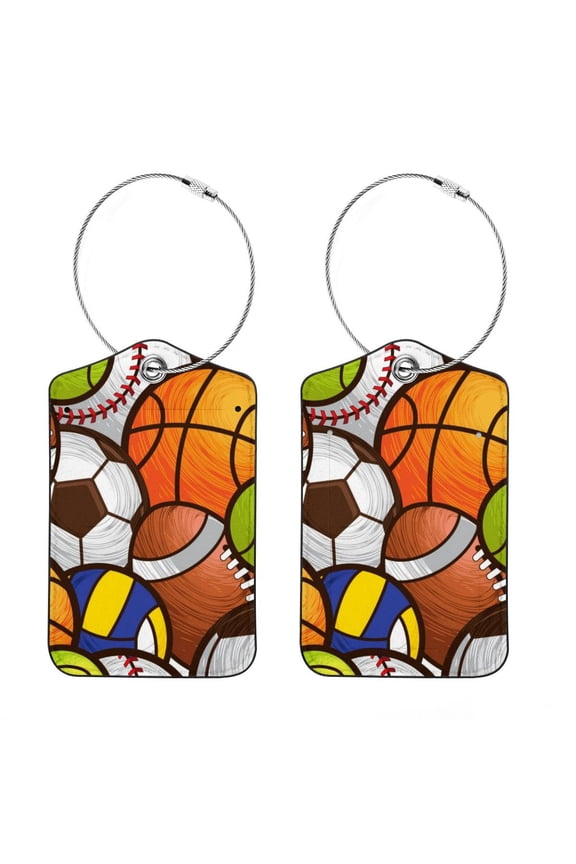 Square PU Leather Luggage Tags, 2 Pack, with Privacy Cover and Stainless Steel Ring - Suitable for Travel, Backpack, Handbag - Bag Tags, Handbag Tags Sport Ball