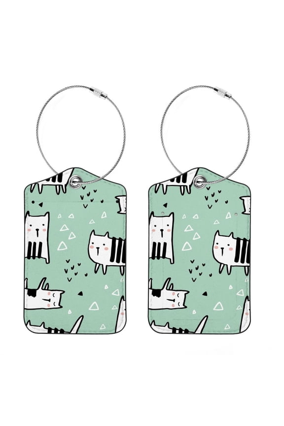 Square PU Leather Luggage Tags, 2 Pack, with Privacy Cover and Stainless Steel Ring - Suitable for Travel, Backpack, Handbag - Bag Tags, Handbag Tags Trendy Cats