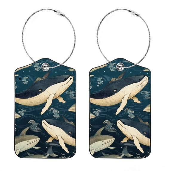 Square PU Leather Luggage Tags, 2 Pack, with Privacy Cover and Stainless Steel Ring - Suitable for Travel, Backpack, Handbag - Bag Tags, Handbag Tags Whale