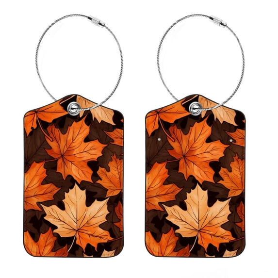 Square PU Leather Luggage Tags, 2 Pack, with Privacy Cover and Stainless Steel Ring - Suitable for Travel, Backpack, Handbag - Bag Tags, Handbag Tags Maple Leaf