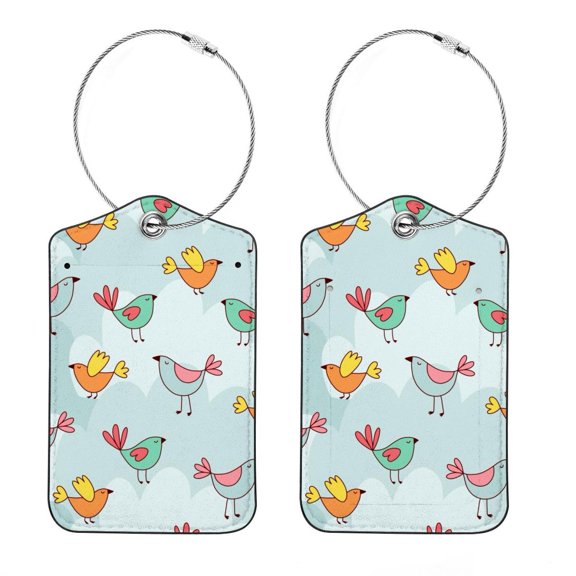 Square PU Leather Luggage Tags, 2 Pack, with Privacy Cover and Stainless Steel Ring - Suitable for Travel, Backpack, Handbag - Bag Tags, Handbag Tags Modern Doodle Bird