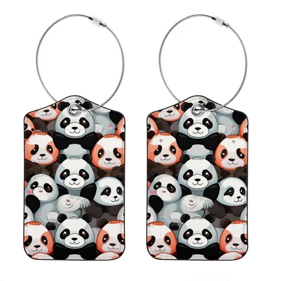 Square PU Leather Luggage Tags, 2 Pack, with Privacy Cover and Stainless Steel Ring - Suitable for Travel, Backpack, Handbag - Bag Tags, Handbag Tags Panda
