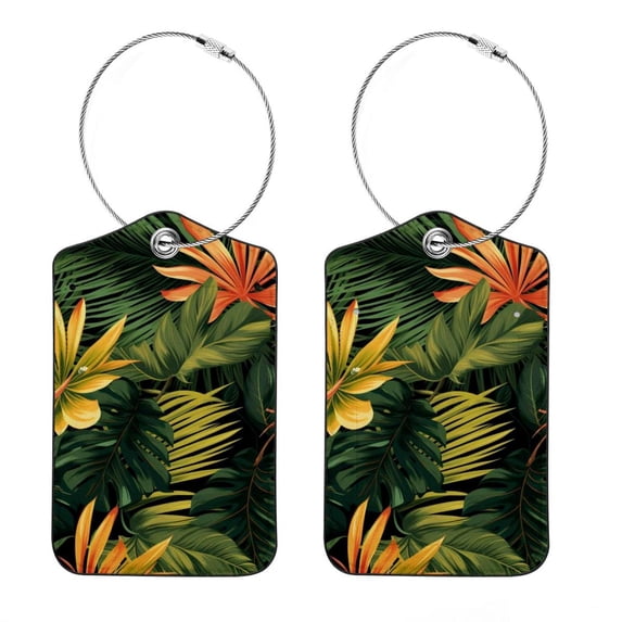 Square PU Leather Luggage Tags, 2 Pack, with Privacy Cover and Stainless Steel Ring - Suitable for Travel, Backpack, Handbag - Bag Tags, Handbag Tags Tropical Leaves