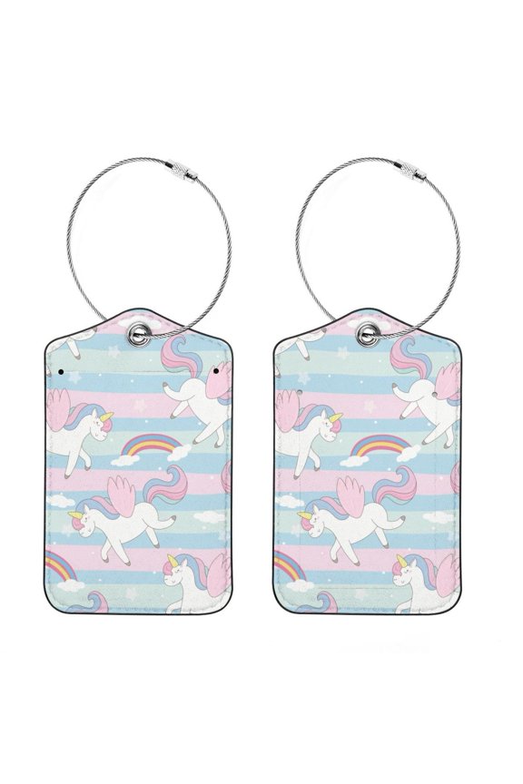 Square PU Leather Luggage Tags, 2 Pack, with Privacy Cover and Stainless Steel Ring - Suitable for Travel, Backpack, Handbag - Bag Tags, Handbag Tags Unicorn