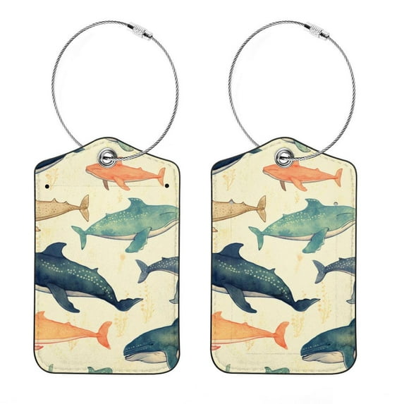 Square PU Leather Luggage Tags, 2 Pack, with Privacy Cover and Stainless Steel Ring - Suitable for Travel, Backpack, Handbag - Bag Tags, Handbag Tags Whale