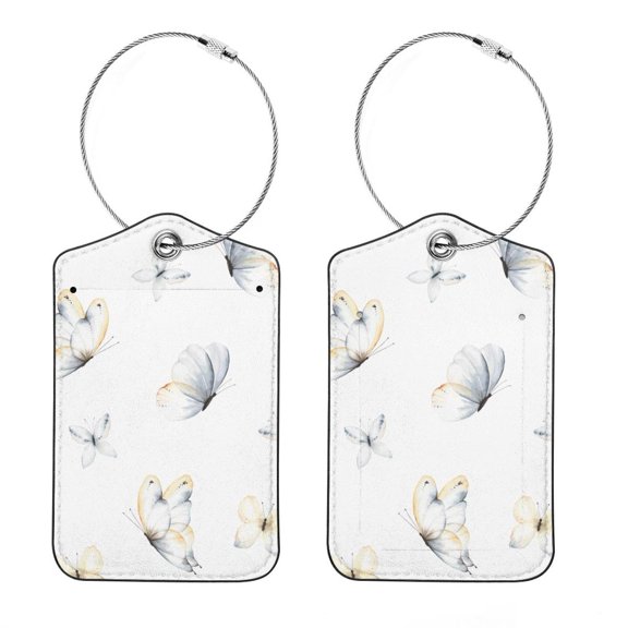 Square PU Leather Luggage Tags - 2 Pack with Privacy Cover and Stainless Steel Ring - Suitable for Travel, Backpack, Handbag - Suitcase Tags, Travel Tag Butterfly