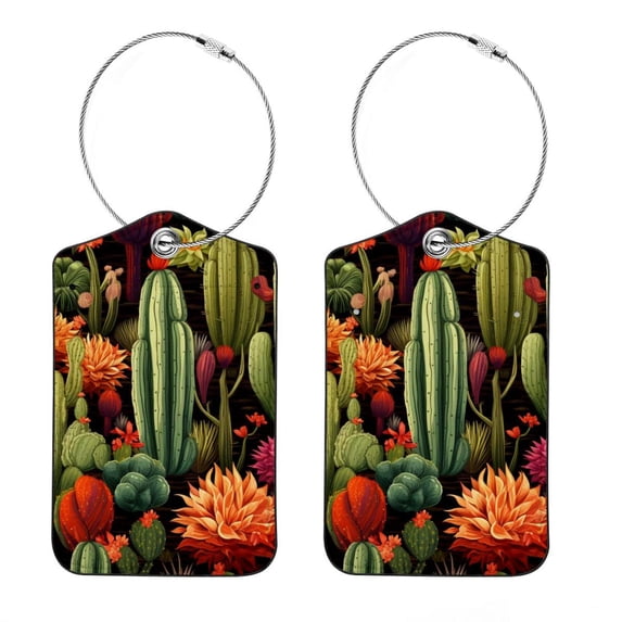 Square PU Leather Luggage Tags - 2 Pack with Privacy Cover and Stainless Steel Ring - Suitable for Travel, Backpack, Handbag - Suitcase Tags, Travel Tag Cactus