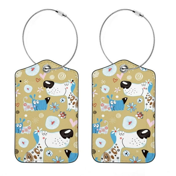 Square PU Leather Luggage Tags - 2 Pack with Privacy Cover and Stainless Steel Ring - Suitable for Travel, Backpack, Handbag - Suitcase Tags, Travel Tag Cartoon Dog Puppy