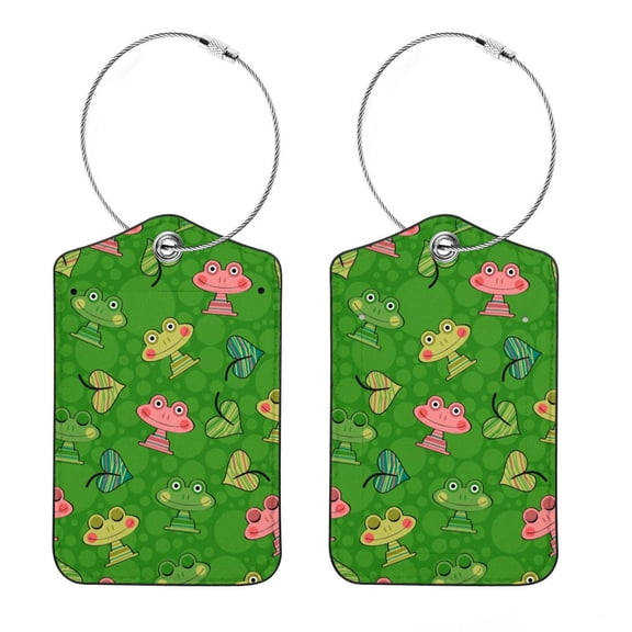 Square PU Leather Luggage Tags - 2 Pack with Privacy Cover and Stainless Steel Ring - Suitable for Travel, Backpack, Handbag - Suitcase Tags, Travel Tag Cartoon Frog