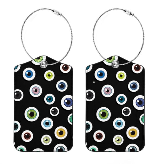 Square PU Leather Luggage Tags - 2 Pack with Privacy Cover and Stainless Steel Ring - Suitable for Travel, Backpack, Handbag - Suitcase Tags, Travel Tag Colorful Eyeballs