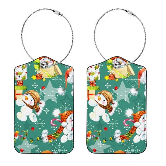 Square PU Leather Luggage Tags - 2 Pack with Privacy Cover and Stainless Steel Ring - Suitable for Travel, Backpack, Handbag - Suitcase Tags, Travel Tag Cute Snowman