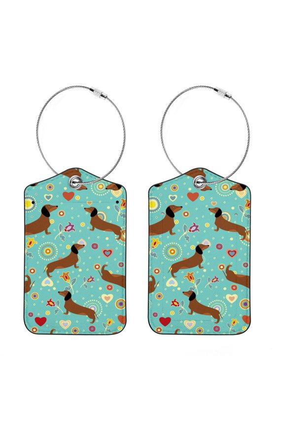 Square PU Leather Luggage Tags - 2 Pack with Privacy Cover and Stainless Steel Ring - Suitable for Travel, Backpack, Handbag - Suitcase Tags, Travel Tag Dachshunds