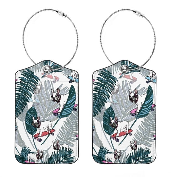Square PU Leather Luggage Tags - 2 Pack with Privacy Cover and Stainless Steel Ring - Suitable for Travel, Backpack, Handbag - Suitcase Tags, Travel Tag French Bulldog