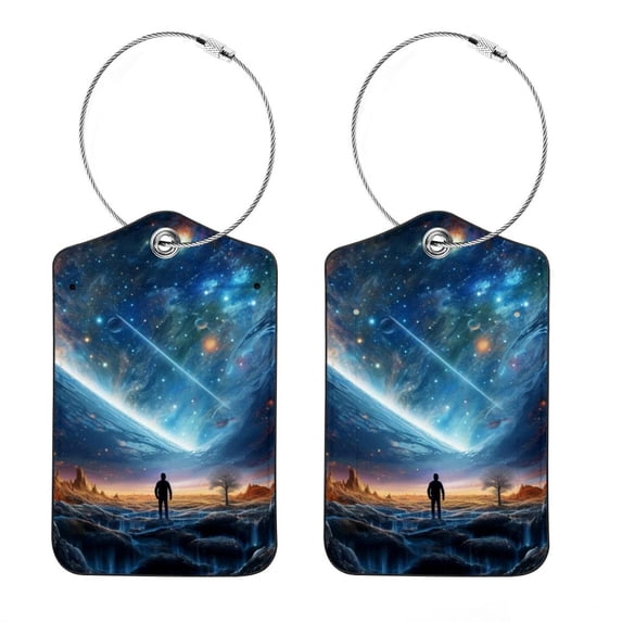 Square PU Leather Luggage Tags - 2 Pack with Privacy Cover and Stainless Steel Ring - Suitable for Travel, Backpack, Handbag - Suitcase Tags, Travel Tag Galaxy