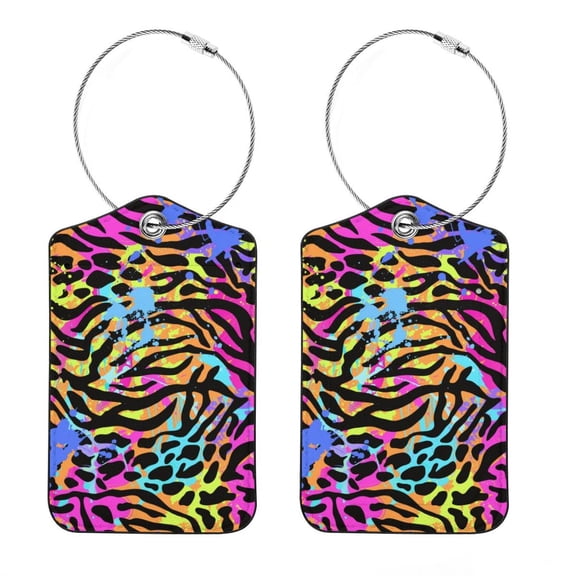 Square PU Leather Luggage Tags - 2 Pack with Privacy Cover and Stainless Steel Ring - Suitable for Travel, Backpack, Handbag - Suitcase Tags, Travel Tag Neon Animal Skin