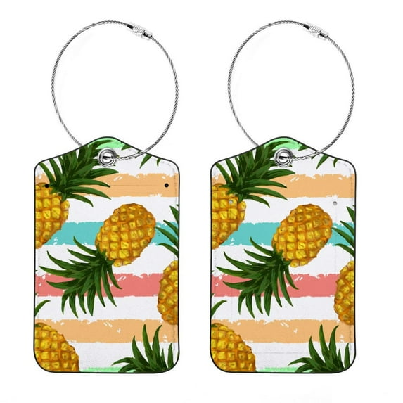 Square PU Leather Luggage Tags - 2 Pack with Privacy Cover and Stainless Steel Ring - Suitable for Travel, Backpack, Handbag - Suitcase Tags, Travel Tag Pineapple