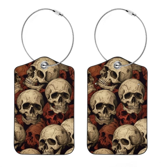 Square PU Leather Luggage Tags - 2 Pack with Privacy Cover and Stainless Steel Ring - Suitable for Travel, Backpack, Handbag - Suitcase Tags, Travel Tag Skull