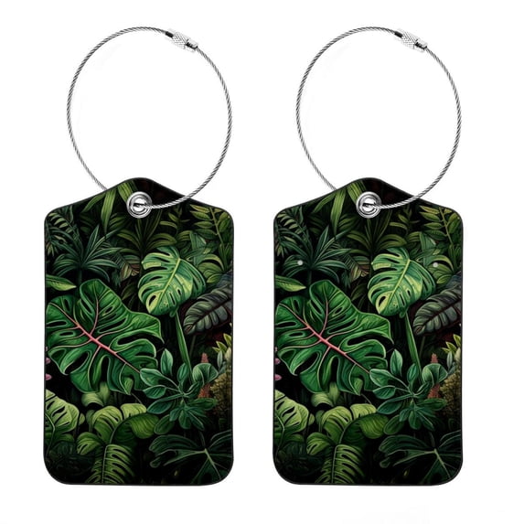 Square PU Leather Luggage Tags - 2 Pack with Privacy Cover and Stainless Steel Ring - Suitable for Travel, Backpack, Handbag - Suitcase Tags, Travel Tag Tropical Leaves