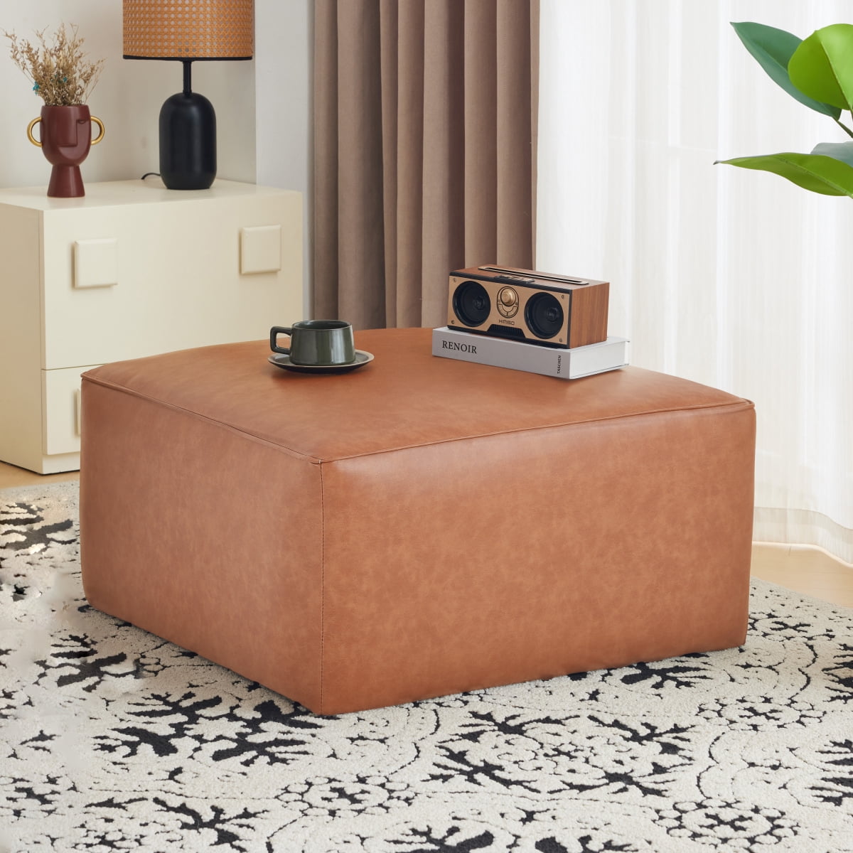 Square PU Leather Ottoman Tan Brown Modern Upholstered Furniture