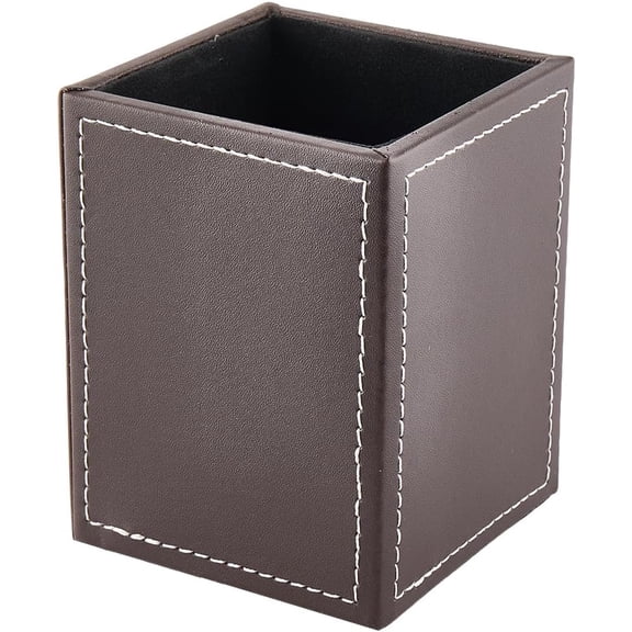 Square PU Leather Pen Holder for Desk Multifunctional Pencil Cup Control Stand Decor Container Desktop Organizer Stationery Storage Case for Office Brush Scissor(Dark Brown)