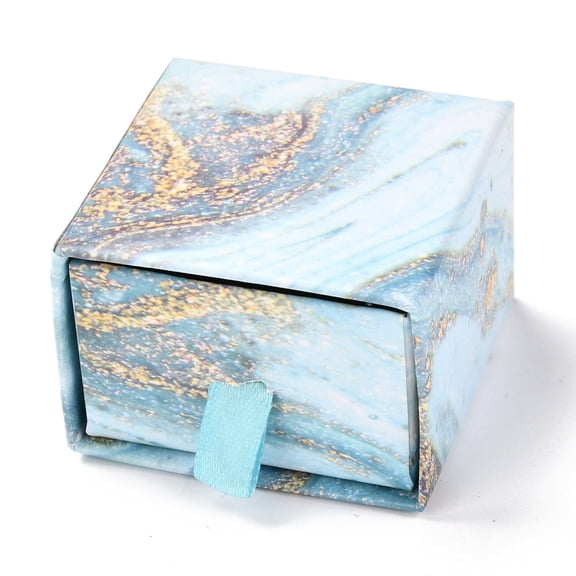 Square Paper Drawer Box with Black Sponge & Polyester Rope Marble Pattern for Bracelet and Rings Light Sky Blue 5.2x5.05x3.6cm