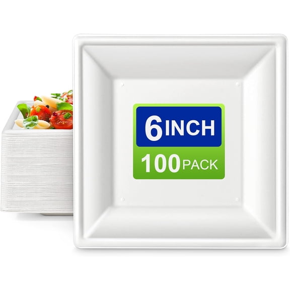 Square Paper Plates, 6 inch Paper Plates 100 Pack, Eco Friendly Compostable Dessert Plates, Small Disposable Plates for Party Wedding, White Paper Plates Sturdy