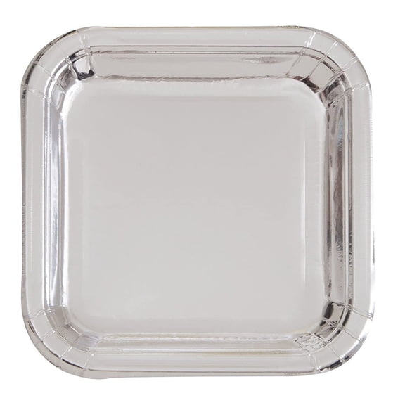 Square Paper Plates, 9 in, Silver Foil, 8ct