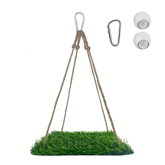 Square Parrot Grass Perch, 9.8 in / 25 cm Artificial Bird Grass Hammock, Encourages Climbing, Foraging, and Playing, with Foam Pad, Hemp Rope, Hook and Suction Cups