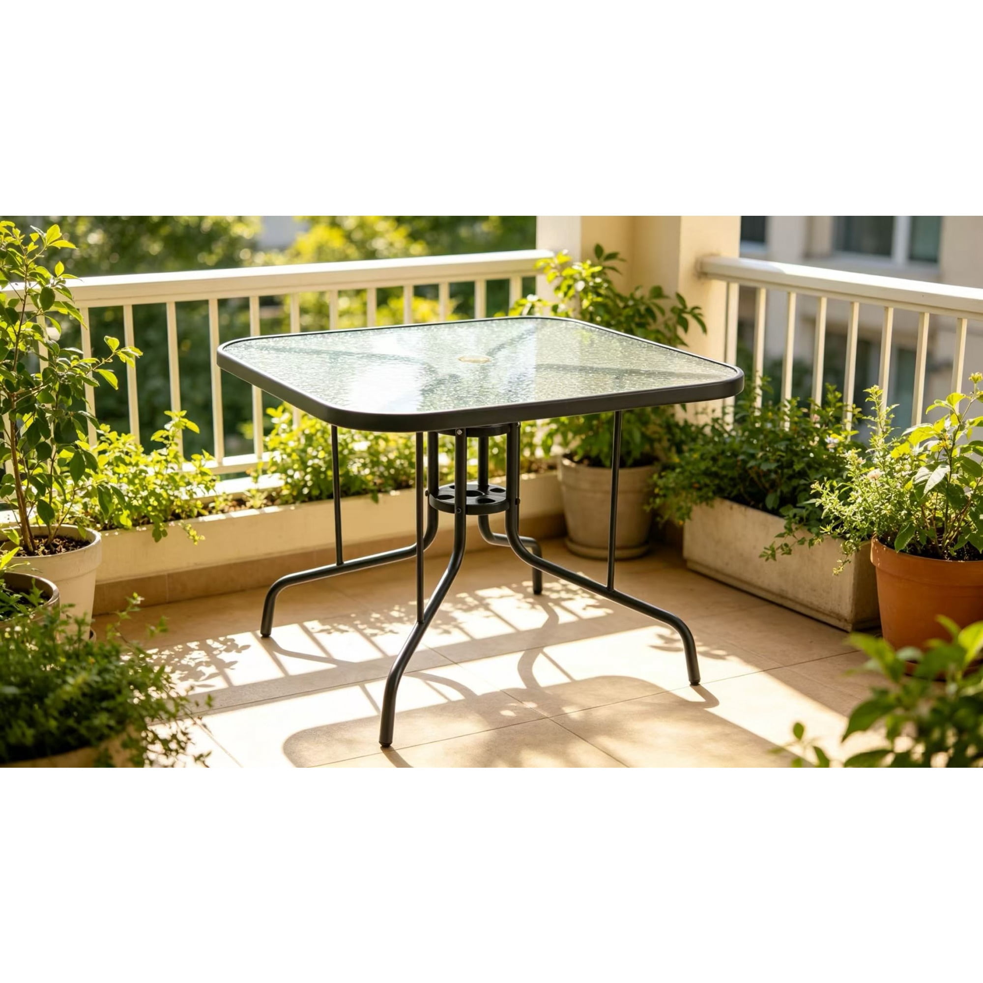 Square Patio Dining Table 35-Inch with Tempered Glass Top and Umbrella Hole, Outdoor Bistro Table for Backyard and Deck, Dark Grey