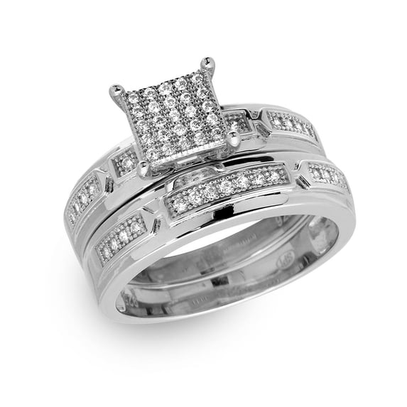 Square Pave Center Cubic Zirconia Maching Wedding Ring Set Rhodium Plated Sterling Silver Size 6