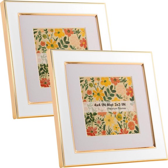 Square Photo Frame Set, 2 Pack 4x4 White Enamel Frames with Gold Metal Edge, Acid Free Mat for 3x3 Photos, Black Velvet Back, Retro  Room Dcor, Nursery Shelf Display, Shower Gift, White