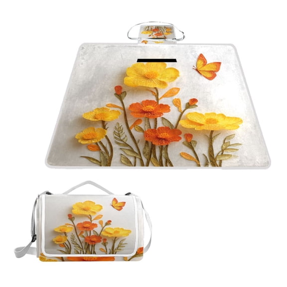 Square Picnic Mat Waterproof Non-Slip Outdoor Mat Portable Carry Handle For Camping Beach Exercise A Butterfly Flying above The Florals
