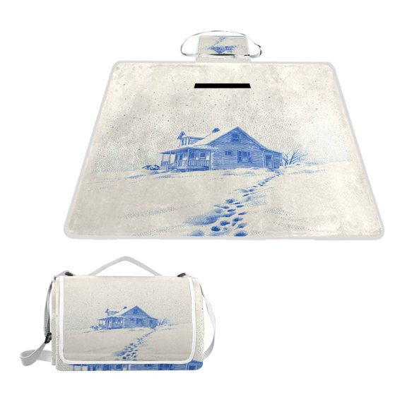 Square Picnic Mat Waterproof Non-Slip Outdoor Mat Portable Carry Handle For Camping Beach Exercise A House in The Snow