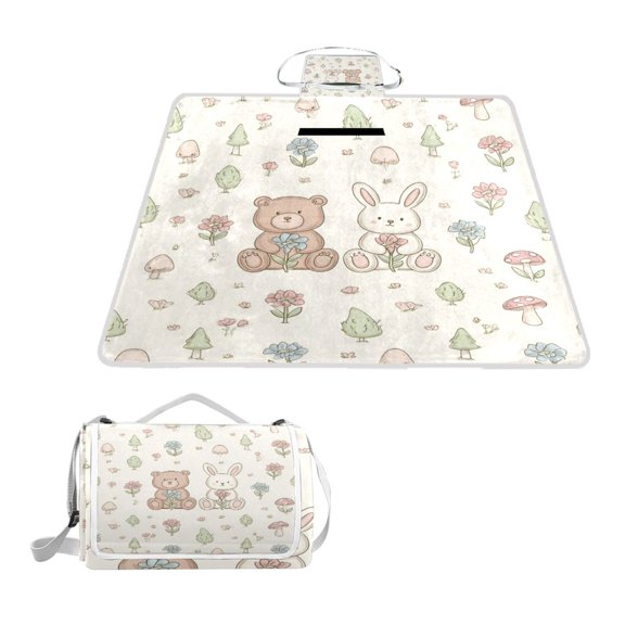 Square Picnic Mat Waterproof Non-Slip Outdoor Mat Portable Carry Handle For Camping Beach Exercise Bear & Bunny Holding Florals