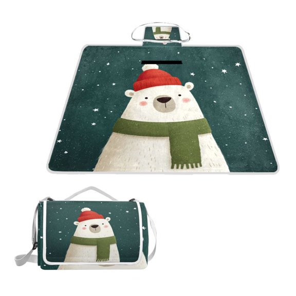 Square Picnic Mat Waterproof Non-Slip Outdoor Mat Portable Carry Handle For Camping Beach Exercise Bear with Red Hat