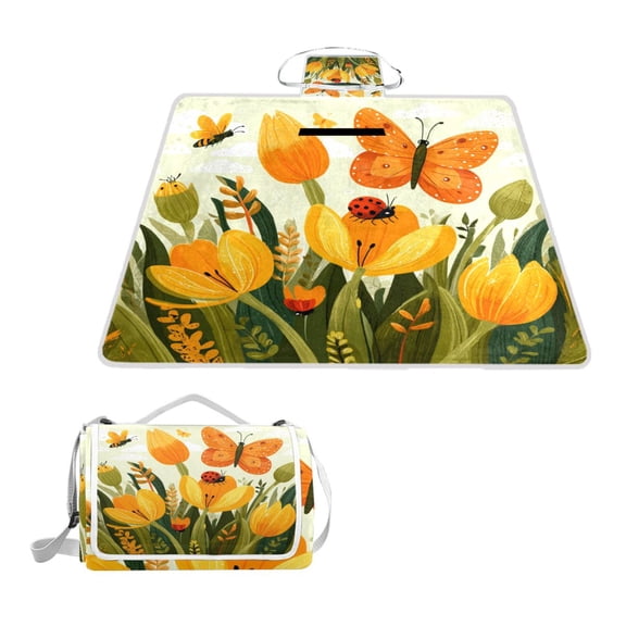 Square Picnic Mat Waterproof Non-Slip Outdoor Mat Portable Carry Handle For Camping Beach Exercise Bees Insects Butterfly Tulip