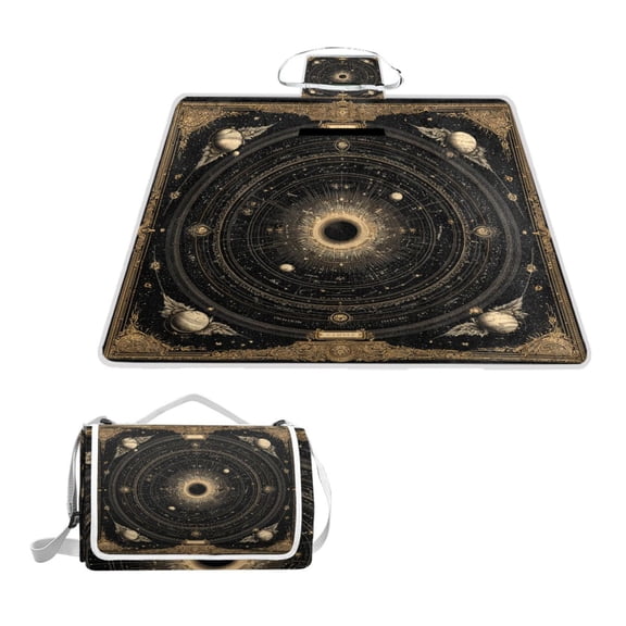 Square Picnic Mat Waterproof Non-Slip Outdoor Mat Portable Carry Handle For Camping Beach Exercise Black & Gold Celestial Map