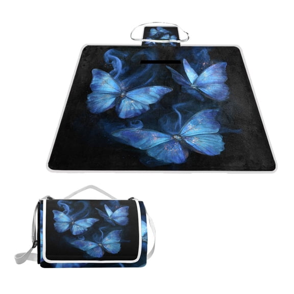 Square Picnic Mat Waterproof Non-Slip Outdoor Mat Portable Carry Handle For Camping Beach Exercise Blue Butterflies