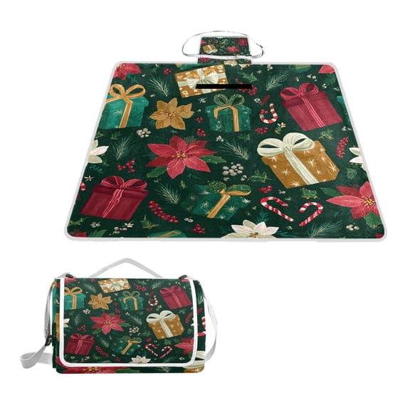 Square Picnic Mat Waterproof Non-Slip Outdoor Mat Portable Carry Handle For Camping Beach Exercise Candy Canes Poinsettias