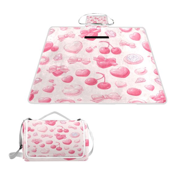 Square Picnic Mat Waterproof Non-Slip Outdoor Mat Portable Carry Handle For Camping Beach Exercise Candy Conversation Hearts Cherries Bling Rings
