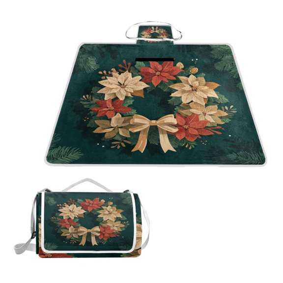 Square Picnic Mat Waterproof Non-Slip Outdoor Mat Portable Carry Handle For Camping Beach Exercise Christmas Wreath